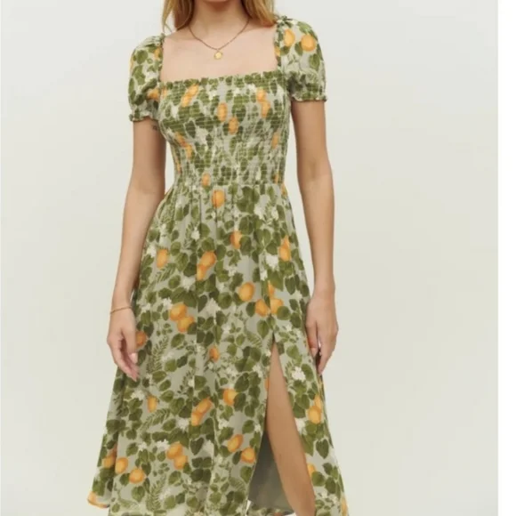 Reformation inka Floral Green and Orange Dress Drop Waist Sz Med - Picture 1 of 17